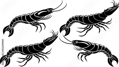 Vector silhouette of a couple of shrimps on a white background. Symbol of ocean animal
