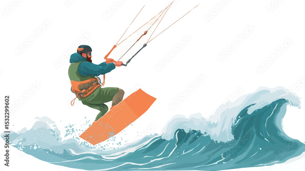 Obraz premium The image is a vector illustration depicting a male kiteboarder in action. The style is semi-realistic with a focus on dynamic movement. The kiteboarder is rendered with moderate detail