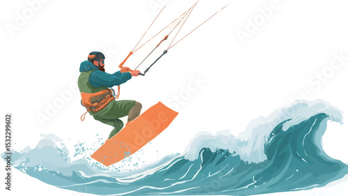 The image is a vector illustration depicting a male kiteboarder in action.  The style is semi-realistic with a focus on dynamic movement. The kiteboarder is rendered with moderate detail