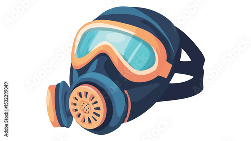 A digitally rendered illustration of a gas mask, depicted in a flat, cartoon-like style. The mask is predominantly navy blue with orange accents around the eyepieces and filter. The eyepieces are