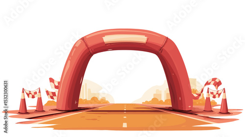 A digital illustration depicting a large red inflatable archway, typical of a finish line at a race or sporting event. The arch is rendered in a stylized, almost cartoonish manner with smooth