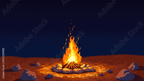 Pixel Art Night Campfire in Desert Landscape