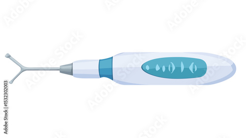 Close-up studio shot of a small, handheld electronic device against a pure white background. The device is predominantly white with light blue accents. It features a sleek, cylindrical body and a