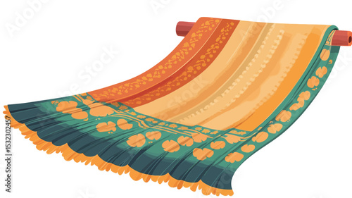 The image shows a section of textile, possibly a shawl or scarf, draped over a cylindrical wooden roller.  The textile features a predominantly yellow and orange section with a repeating, possibly