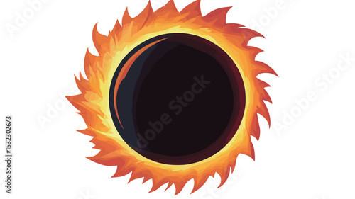 A digital illustration depicting a stylized solar eclipse.  The image features a central, perfectly circular black disc representing the eclipsed sun, surrounded by a ring of vibrant