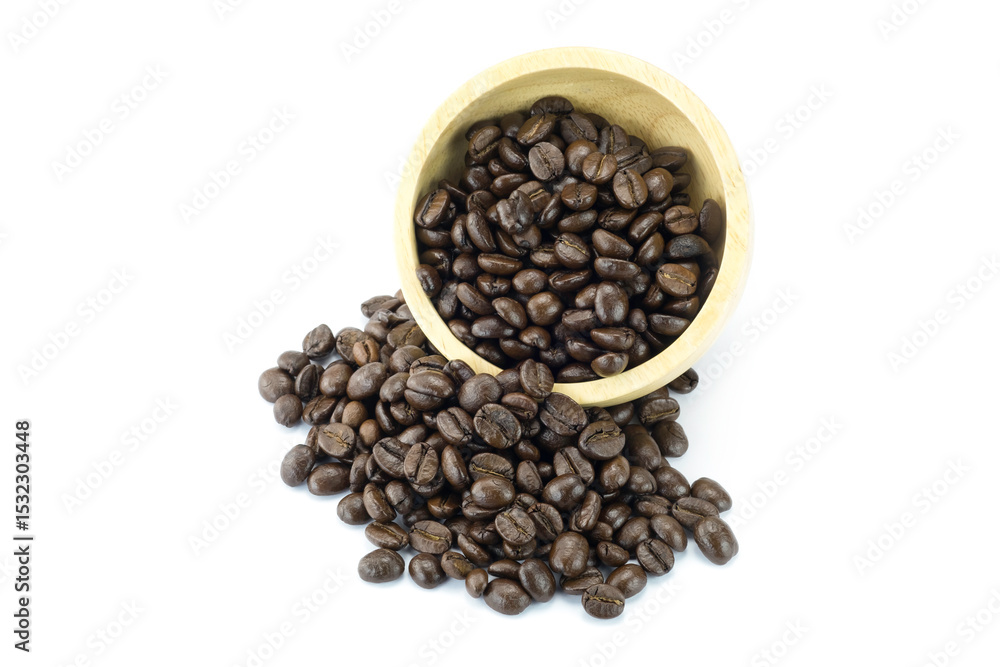 Fototapeta premium cup of coffee beans, Roasted coffee beans in wooden cup and heap outside isolated on white background close up stack