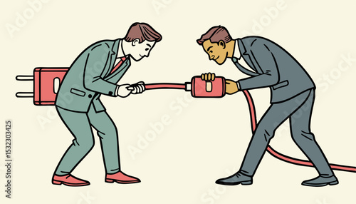 Business Connection Concept. Vector cartoon flat illustration of two men in business suits connecting electrical plugs to each other. Isolated on background. 