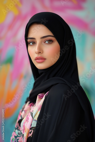 A beautiful Emirati woman wearing a black abaya and a floral blouse, A beautiful Saudi woman wearing a black abaya, A stunning hijabi woman wearing a black abaya and floral blouse. ATab fashion.