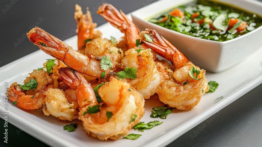 Crispy fried shrimp served with a flavorful dipping sauce on a white plate. Crispy fried shrimp served with a flavorful dipping sauce on a white plate.