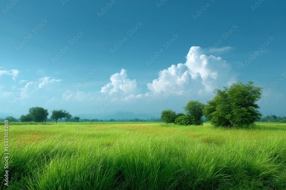 Obraz premium A Peaceful and Lush Green Field Under a Beautiful Blue Sky