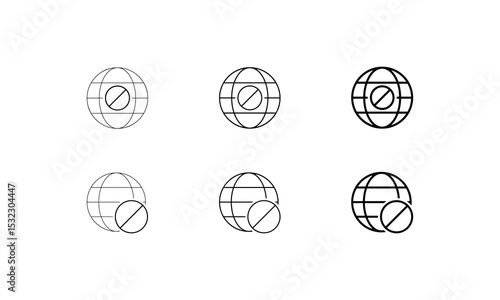 Global Internet Icon Restriction Vector Art. Featuring a globe motif intersected by prohibition or block signs, these icons convey themes of denial and restricted service areas.