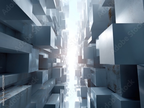 Abstract Cube Corridor: A mesmerizing perspective down a long corridor composed of countless light-blue cubes, creating a sense of depth and endless possibilities.