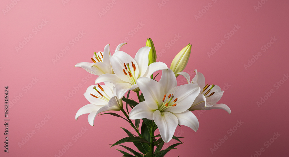 Naklejka premium white lilies in front of pink wall,flower, pink, lily, nature, plant, spring, flowers, isolated, 