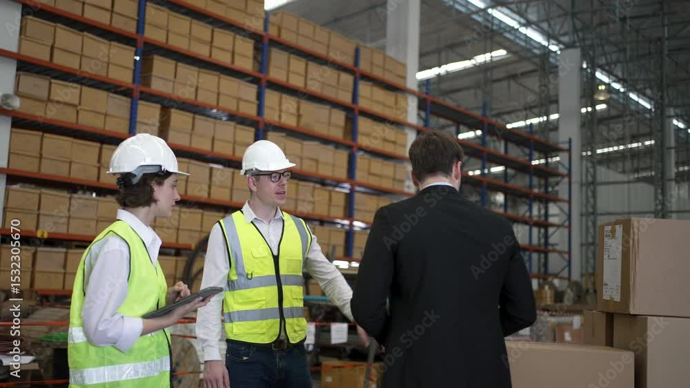 Blue collar workers are working and meeting at warehouse. Industrial and factory. Blue collar workers are working and meeting at warehouse. Industrial and factory.