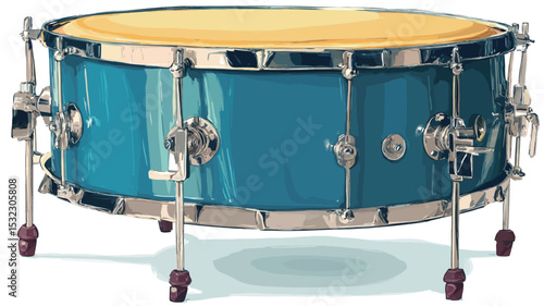 A high-angle, full shot depicts a teal drum with chrome hardware set on four rubber tipped legs against a plain white background. The drum is cylindrical with a shallow depth, featuring a light