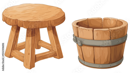 The image is a digital illustration depicting a rustic wooden stool and a wooden bucket.  The stool has a circular, slightly uneven top and four sturdy legs, suggesting a handcrafted quality.