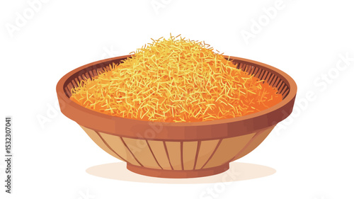 Close-up studio shot of a heaping pile of fine, golden-yellow grain nestled within a rustic, light brown wooden bowl. The grain has a slightly coarse, granular texture, exhibiting a consistent