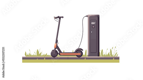 A digital illustration depicting a black electric scooter positioned next to a dark gray charging station. The scooter has orange accents on its wheels and deck. The charging cable is connected to