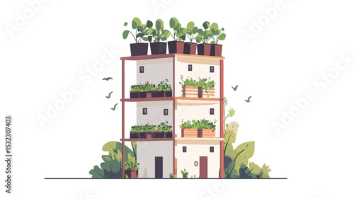 A digital illustration depicting a stylized three-story apartment building with integrated vertical gardens. The building features a simplified, almost cubist design, with visible structural