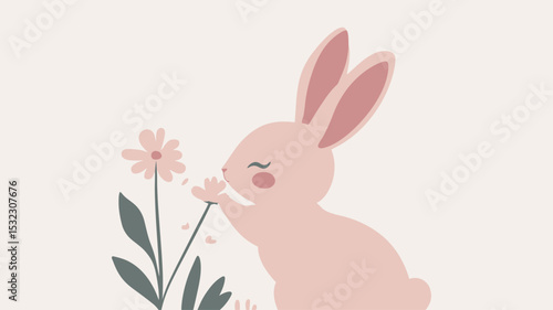 A digital illustration depicting a light pink bunny rabbit with long ears and closed eyes, delicately sniffing a single yellow daisy flower with green leaves. The style is simple and cartoonish,