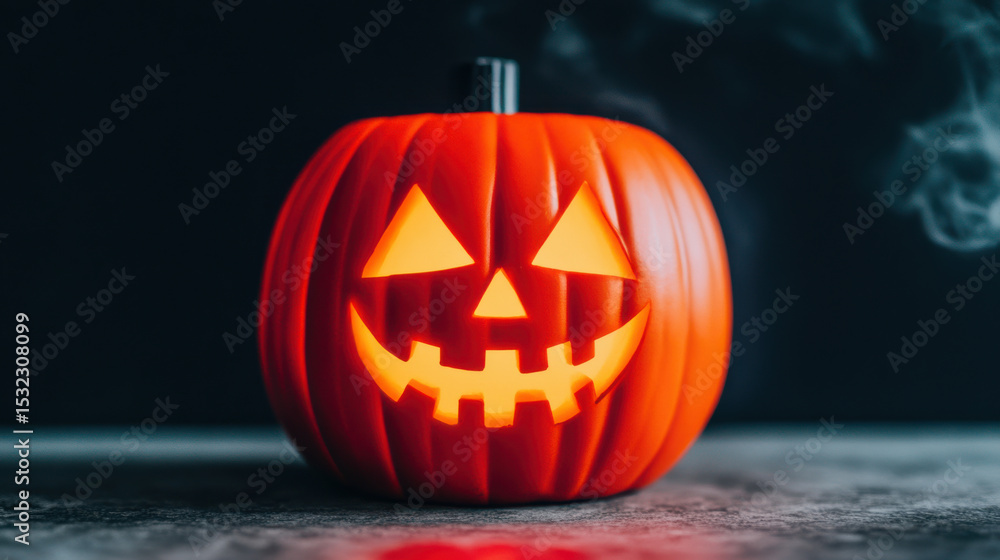 Fototapeta premium Jack o lantern pumpkin with glowing face on dark background creating spooky Halloween mood