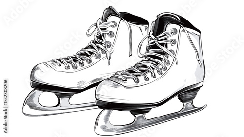 The image is a monochrome line drawing illustration depicting a pair of figure skates.  The skates are presented from a slightly elevated three-quarter view, showing both the upper and lower