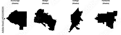 Anchorage, Badger, College, Fairbanks outline maps