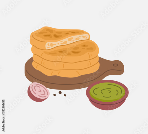 Stack of Naan Bread with Chutney and Onion Illustration