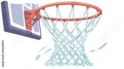 Close-up shot of a basketball hoop and net with a dynamic depiction of a ball recently passing through the net. The net is depicted in motion, with water droplets suggesting a recently made shot.