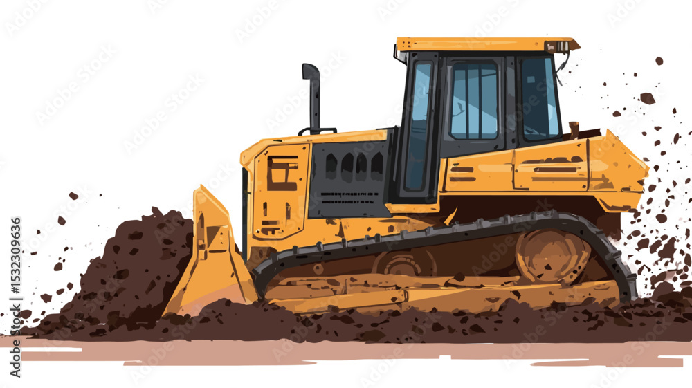 A digital illustration depicts a yellow bulldozer in profile view, moving earth. The bulldozer is rendered in a style that suggests a blend of vector and raster graphics, with a slightly cartoonish A digital illustration depicts a yellow bulldozer in profile view, moving earth. The bulldozer is rendered in a style that suggests a blend of vector and raster graphics, with a slightly cartoonish