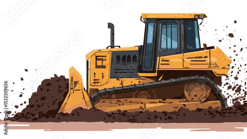A digital illustration depicts a yellow bulldozer in profile view, moving earth. The bulldozer is rendered in a style that suggests a blend of vector and raster graphics, with a slightly cartoonish