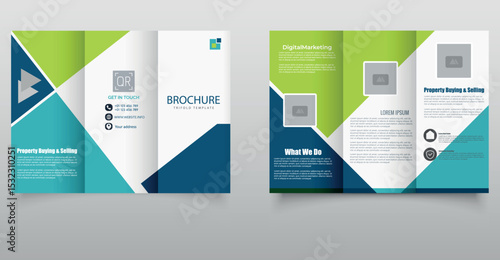 Professional and colorful trifold brochure template designed for real estate or property-related businesses featuring geometric shapes, contact info, and service highlights. Modern Real Estate Trifold