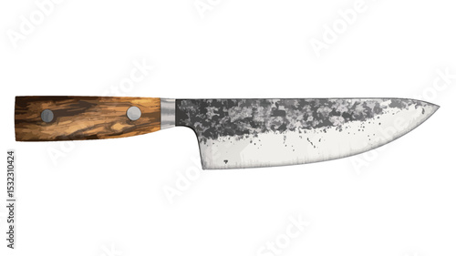 High-angle, close-up studio shot of a handcrafted forged steel kitchen knife against a pure white background. The knife features a textured, grey-toned steel blade with a visible hammered finish,