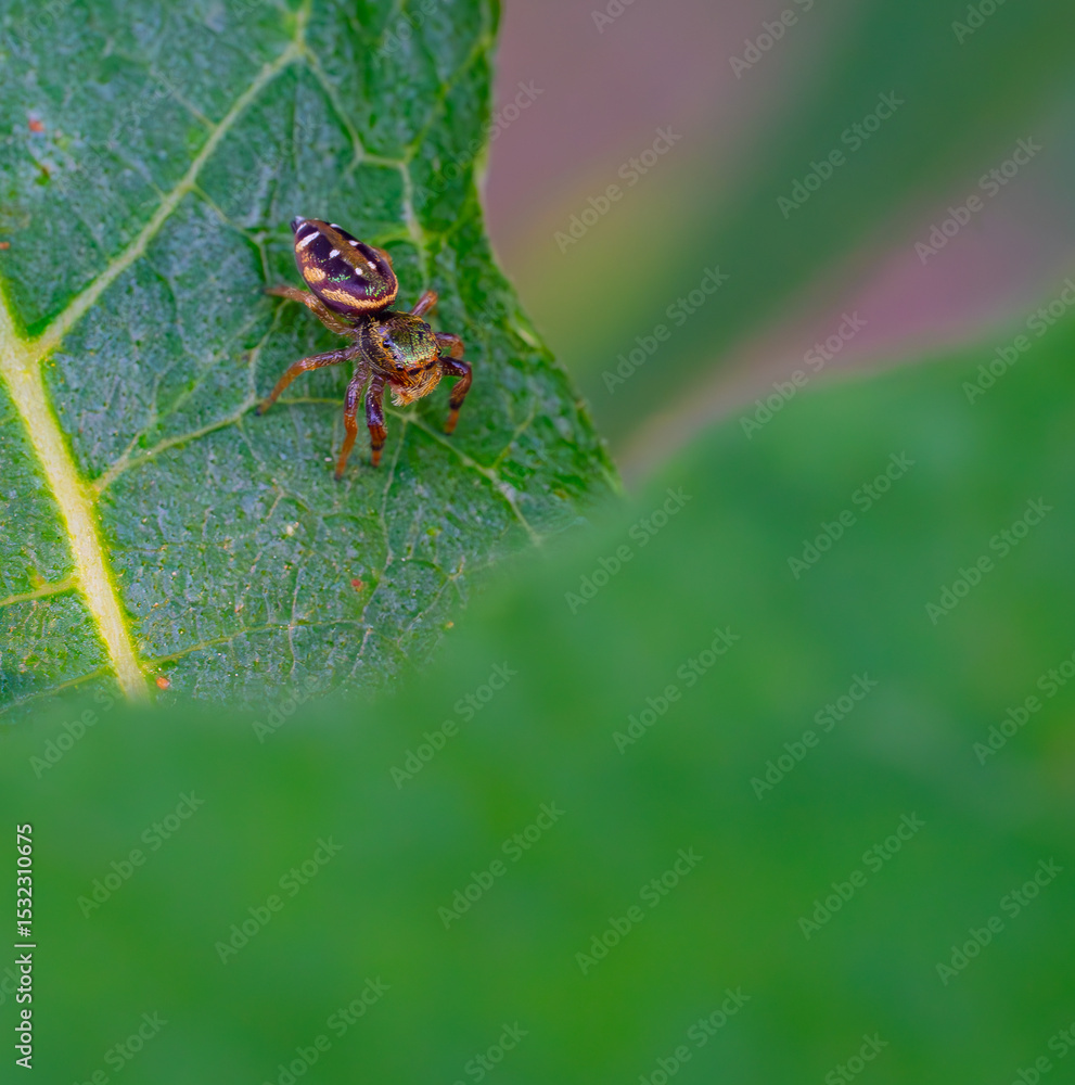 An emerald jumping spider stands poised on a fig leaf An emerald jumping spider stands poised on a fig leaf