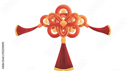 A digitally rendered illustration depicts a symmetrical Chinese knot ornament.  The knot is primarily rendered in shades of red and gold, with a smooth, almost gradient-like texture applied to