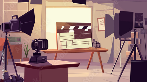 The image depicts a stylized illustration of a film studio set-up. The color palette is muted with warm and cool tones dominating the scene.  The focal point is a wooden table with a clapperboard
