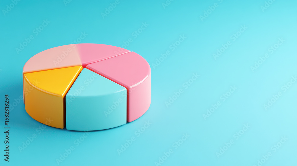 Obraz premium Colorful 3D pie chart with four segments on blue background, modern infographic style with vibrant pastel colors