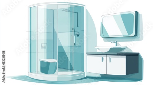 Illustrated bathroom with glass shower stall, sink and cabinet in a cool, modern style