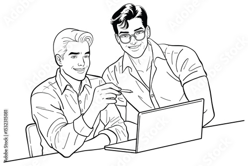 Black and white line art illustration depicts two smiling men collaborating on a laptop. One man points to the screen, suggesting discussion or instruction, while the other listens attentively.