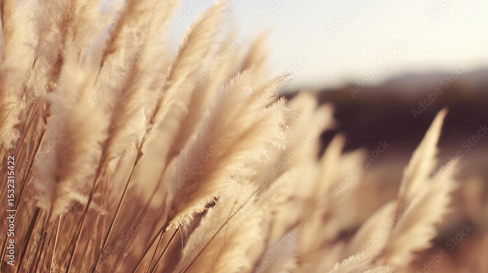 Fototapeta premium Soft pastel pampas grass swaying in golden light, a serene boho moment of delicate beauty and calm.