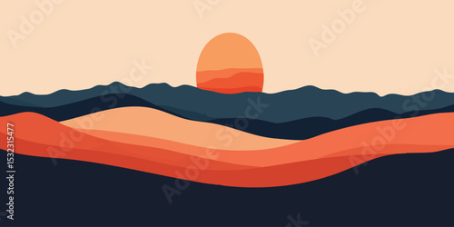 Abstract sunset over layered mountains