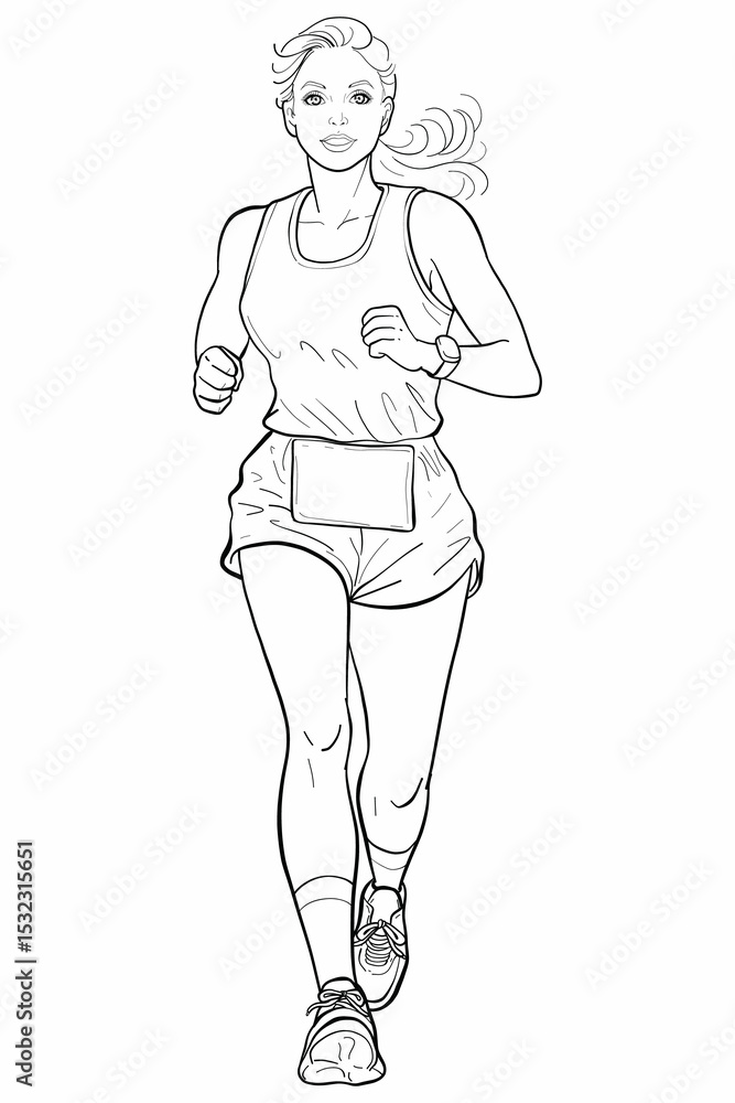 The line art sketch features her in sportswear with a race bib, highlighting athletic determination. Ideal as a coloring page, this outline drawing promotes fitness, exercise, and an active lifestyle. The line art sketch features her in sportswear with a race bib, highlighting athletic determination. Ideal as a coloring page, this outline drawing promotes fitness, exercise, and an active lifestyle.