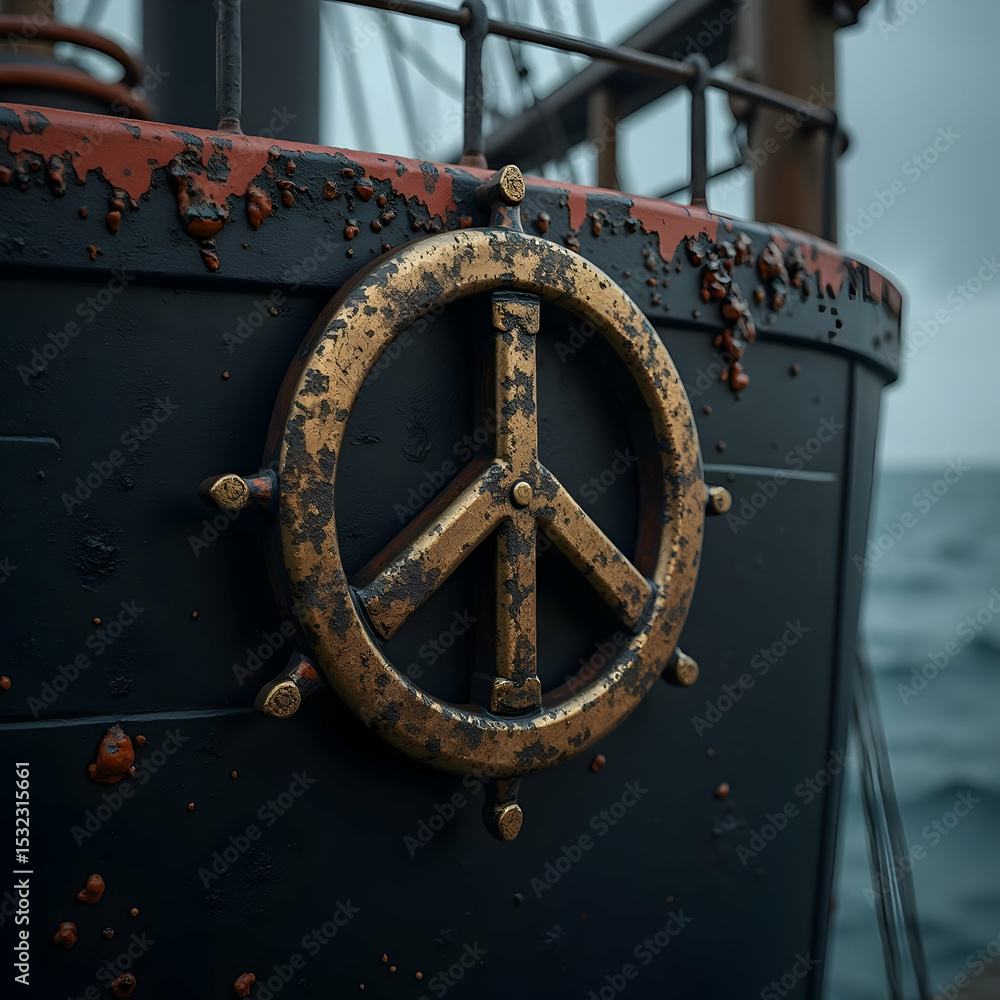 Naklejka premium Rusty Peace Symbol on Boat's Hull by Sea