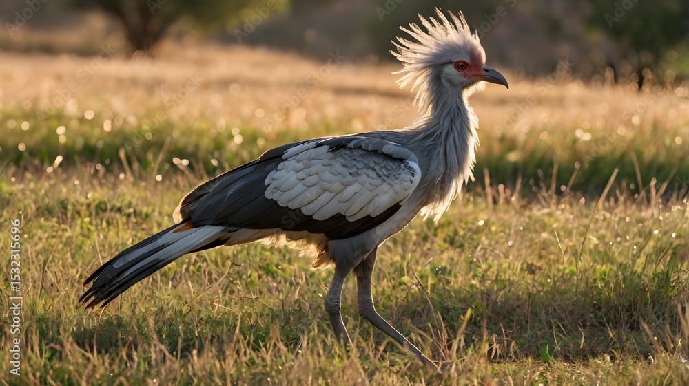 Naklejka premium Secretary Bird Walking Through Sunny Grassland