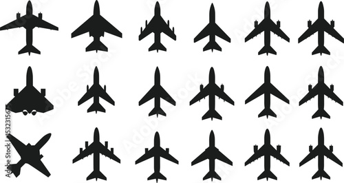 Collection of airplane silhouettes, jet aircraft, commercial planes, military jets, aviation icons, isolated front view, vector illustration pack