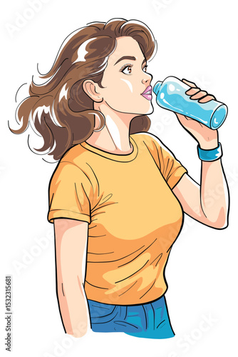 Woman drinking water illustration highlights hydration and a healthy lifestyle. Illustration is perfect for promoting healthy habits, fitness, or everyday refreshing moments