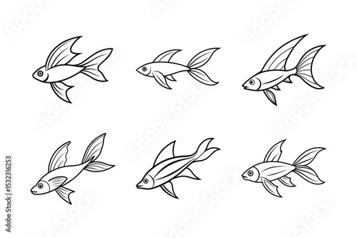 set of flying fish line art vector illustration