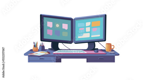 A digital illustration depicting a clean, modern workstation setup featuring two large computer monitors arranged side-by-side on a dark-colored desk.  The monitors display various colorful icons