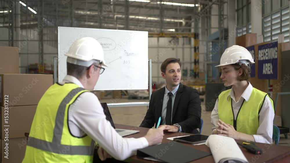Blue collar workers are working and meeting at warehouse. Industrial and factory. Blue collar workers are working and meeting at warehouse. Industrial and factory.
