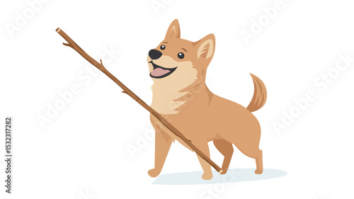A digital illustration, rendered in a vector style, depicts a light brown Shiba Inu puppy standing on a white background. The puppy is presented in a cheerful, cartoonish manner. It holds a long,